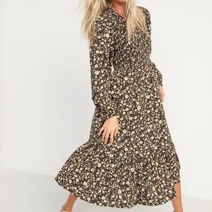 Old Navy Long-Sleeve Fit & Flare Smocked Midi Dress Brown Floral Size M Boho